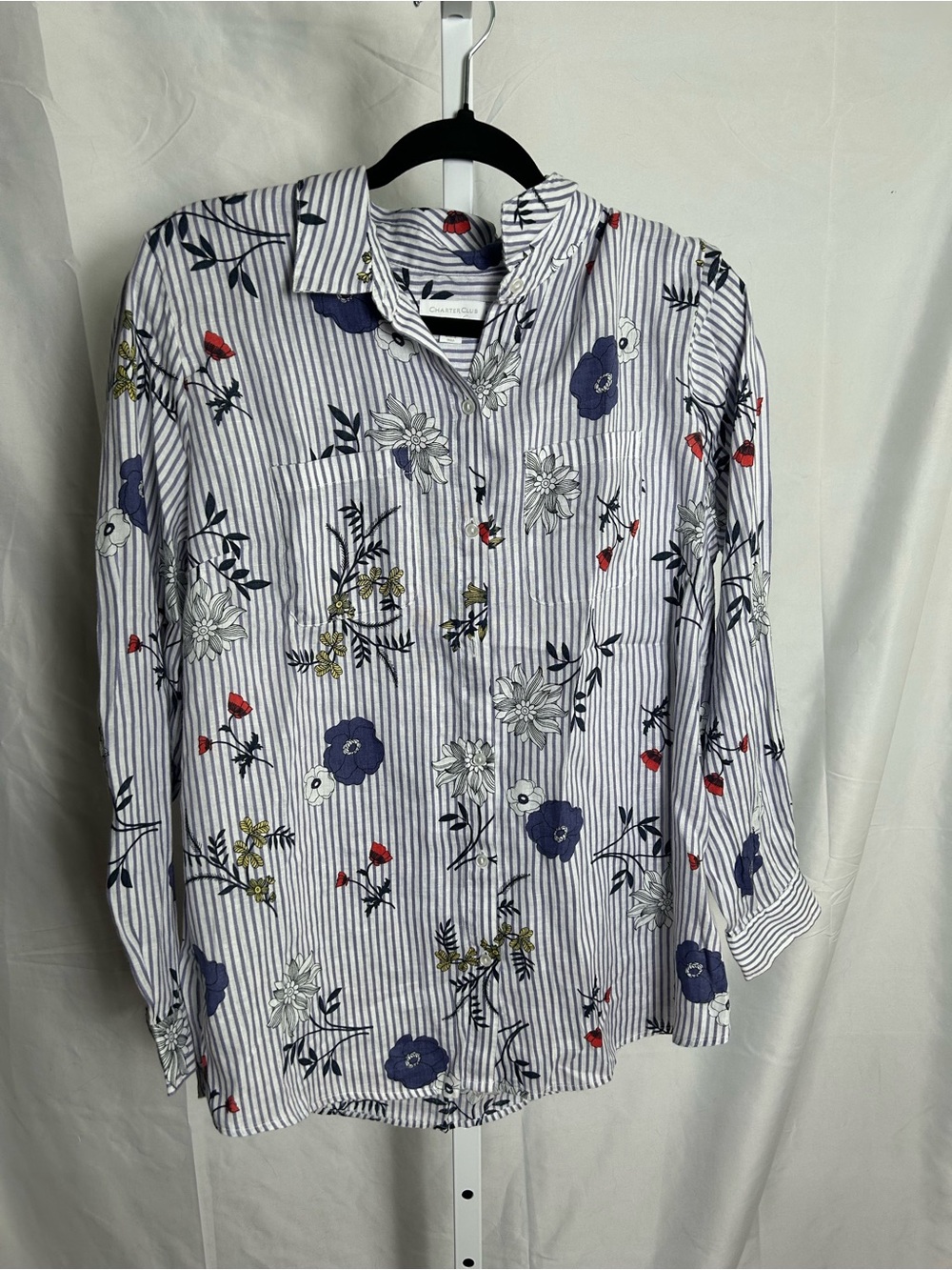 Charter Club Blue & White Striped Floral Button-Down Shirt